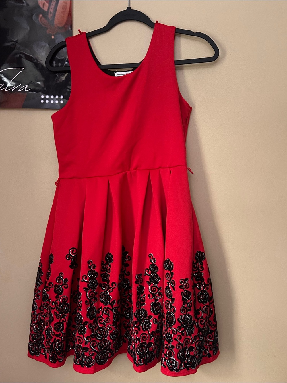 Beautees Red Sleeveless Party Dress with Black Floral Embroidery
